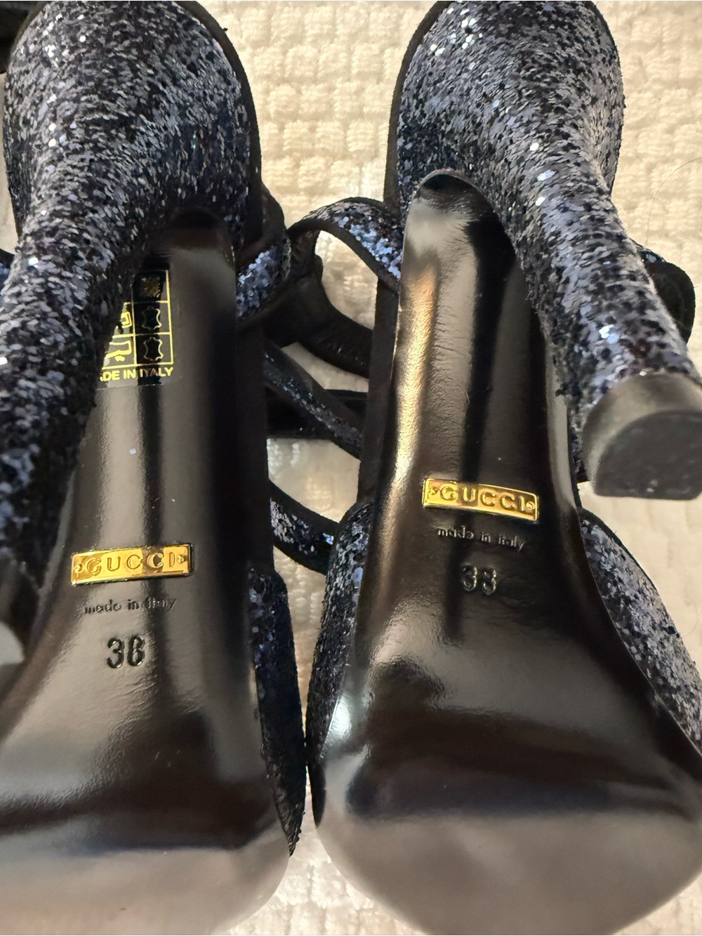 Gucci Blue Glitter Open-Toe Ankle-Strap Heels - Picture 5 of 9